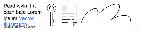 Data protection, cloud technology, information security, digital accessibility, documentation, cybersecurity. Key and document with cloud shape line art. Data protection and cloud technology topics