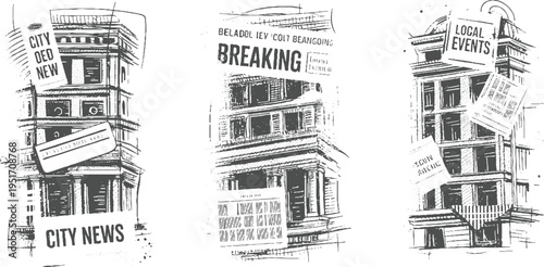 Sketchy city buildings with newspapers announcing city news breaking local events