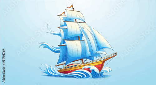 Classic tall ship sailing on blue ocean with full sails adventure vector illustration