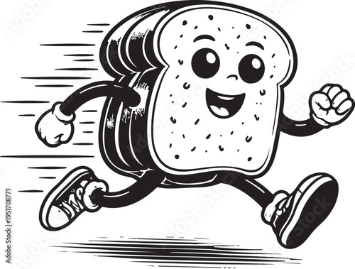 Running bread slice mascot character vintage engraving style vector illustration – fast food concept cartoon