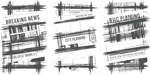 Three newspaper clippings with bold headlines and abstract scribbled overlays breaking