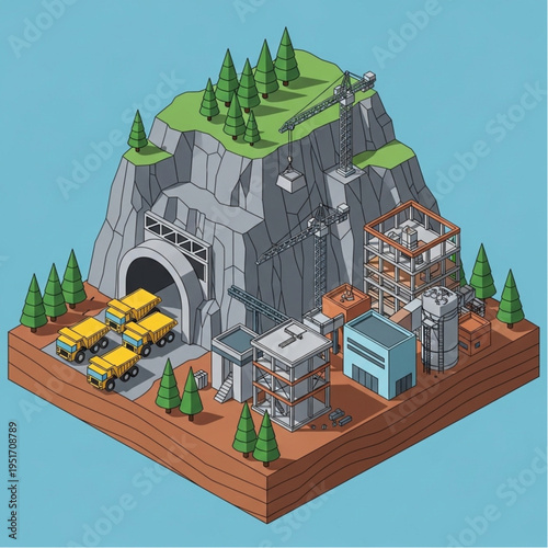Isometric Pixel Art Mining Operation with Trucks and Construction.
