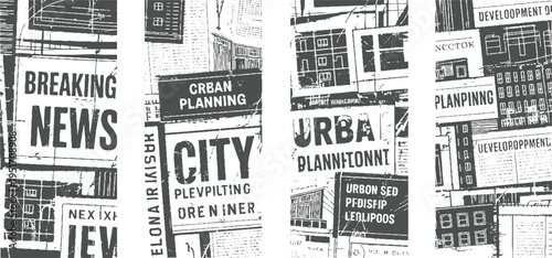 Black and white collage of newspaper clippings featuring urban planning and breaking news headlines