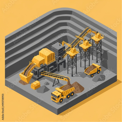Isometric Pixel Art Mining Operation with Trucks and Conveyor Belts.