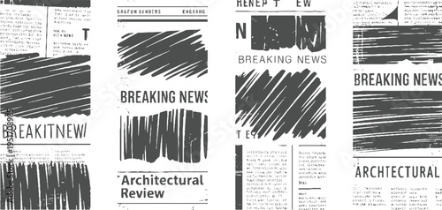 Newspaper clippings with bold headlines and abstract scribbled text