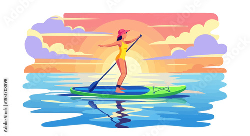 Woman paddleboarding on calm water during beautiful sunset vector illustration