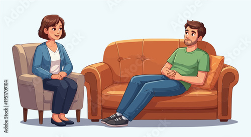 Professional female therapist counseling young man in cozy office vector illustration