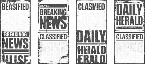 Four distressed vintage newspaper sections with bold headlines B E A S I F I E D B R E A K I N G N E W S C L A S I F I E D and D A I L Y H E R A L D