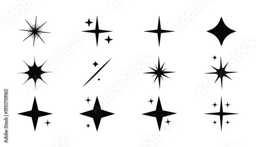 Sparkle star icons. Shining star symbols and twinkle shapes in simple solid style.