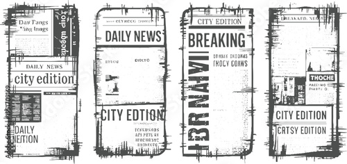 Four distressed newspaper style frames with headlines and text in dark gray on white border grunge