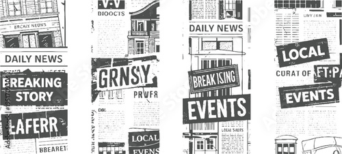 Vintage newspaper clippings with headlines and architectural in grayscale black white
