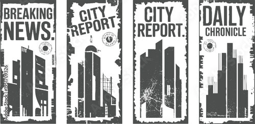 Four vintage newspaper style banners featuring city skylines and headlines like Breaking News City Report and Daily Chronicle