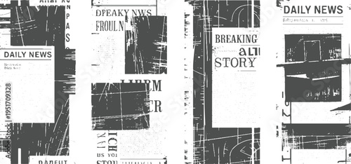 Grungy distressed newspaper collage with headlines and text fragments grunge texture