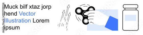 Stress management, productivity, healthcare, modern therapy, personal development, focus improvement. Hand holding a spinner, arrows and a medicine bottle. Stress management and productivity
