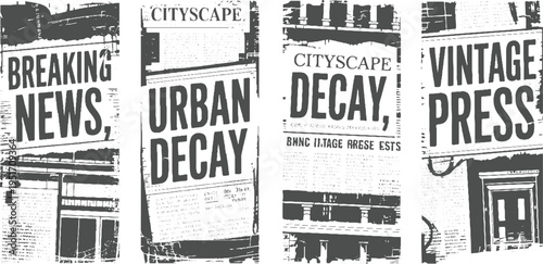 Four newspaper clippings with bold text and urban decay imagery in a monochromatic style breaking