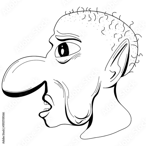 A profile caricature of a grotesque man with an exaggerated long nose, large eyes, and sparse curly hair. The bold line art emphasizes his unique facial features and quirky expression.