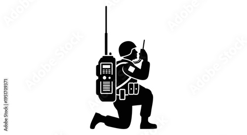 Soldier in kneeling position with large radio equipment on back communicating tactically