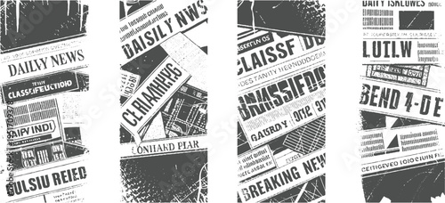 Collage of vintage newspaper clippings with bold headlines and textured backgrounds in monochrome