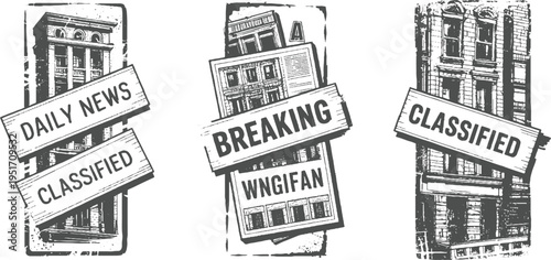 Three vintage newspaper bulletin boards with building facades and text daily news breaking classified