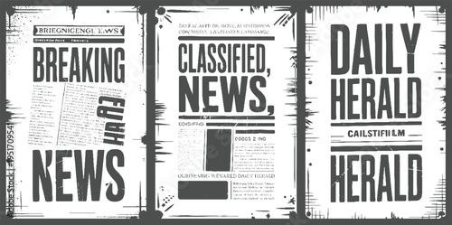 Three vintage newspaper sections with bold headlines B R E A K I N G N E W S C L A S I F I E D N E W S and D A I L Y H E R A L D