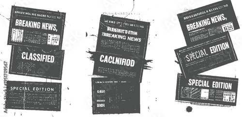 Dark gray newspaper headlines breaking news classified special edition with white text and distressed textures