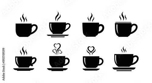 Set of eight steaming coffee cups vector icons. various shapes of hot drink mugs on saucers. black silhouettes on white background