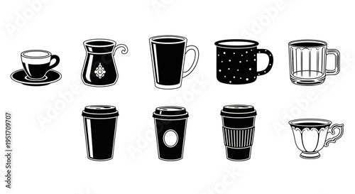 Set of coffee cups and mug icons for beverage branding and cafe design collection isolated on white background flat black and white vector outline illustrations