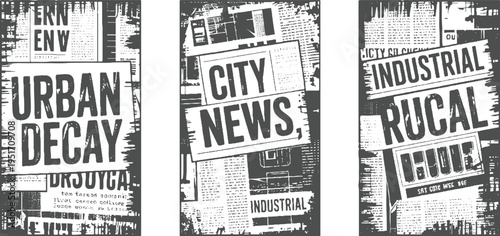 Three panels of distressed newspaper clippings featuring bold text Urban Decay City News and Industrial Rural