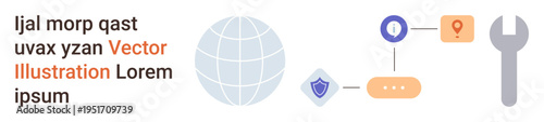 Cybersecurity, global communication, internet services, location tracking, system integration, digital tools. Globe, shield map pin connections wrench. Cybersecurity and global communication