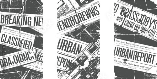 Grunge distressed newspaper clippings with headlines breaking news classified urban report and brass days