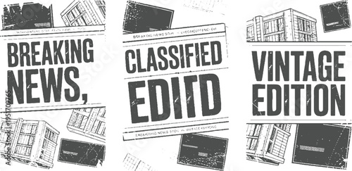 Three vintage newspaper headlines breaking news classified edition vintage edition with buildings
