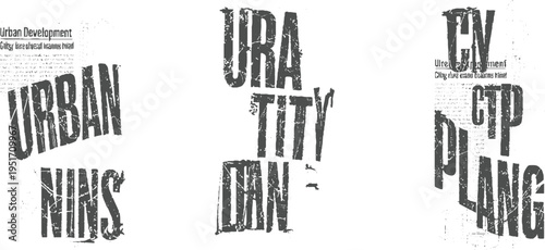 Distressed dark grey text fragments Urban Development Urban Planning and Urbanity on white background
