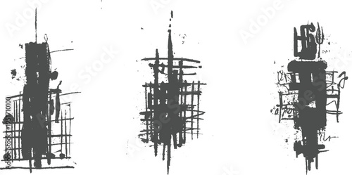 Three abstract dark grey ink splatters and brush strokes on white background