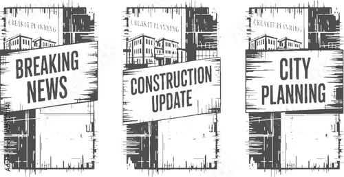 Three dark grey panels with city buildings and text for breaking news construction and city planning