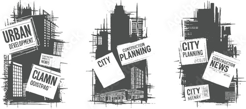 Stylized of cityscapes with newspaper headlines about urban development construction and planning