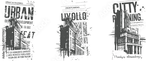 Three dark grey distressed urban building with text on white background city architecture development