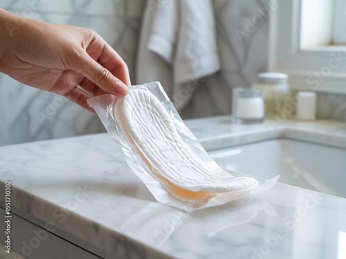 Close-up of a white daily pantyliner being removed from its individual wrapper on a clean marble bathroom countertop, soft natural light