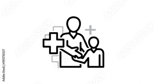 Doctor and child with medical cross symbol.