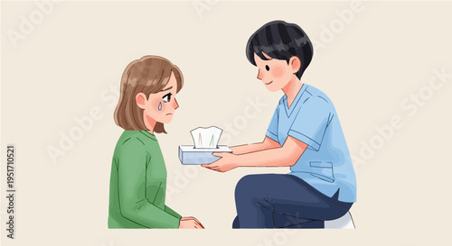 Kind female caregiver gently offering tissues to young girl in caring support moment vector illustration