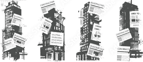 Four dark grey representations of abstract buildings with text overlays on white background architecture