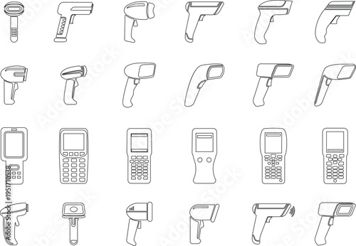 QR code scanner icon set collection group in black line style featuring barcode reader, scanning device, digital sensor, POS technology, retail equipment and automation synonym elements for payment sy