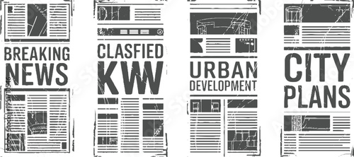 Four distressed newspaper sections with headlines Breaking News Classified K W Urban Development City Plans