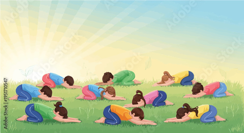 Group of people practicing yoga relaxation poses in sunny green field with sun rays vector illustration