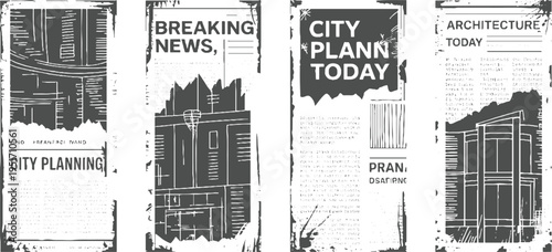 Four distinct newspaper style panels featuring urban planning breaking news and architecture in a distressed style