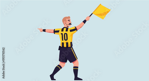 Cartoon soccer referee holding yellow card and pointing during match decision vector illustration