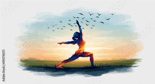 Silhouette person in warrior yoga pose with flying birds at colorful sunset vector illustration