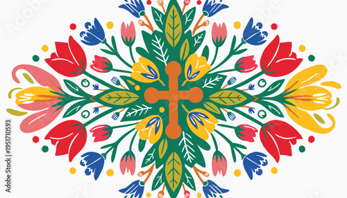 Boho Floral Cross Vector with Spring Lilies and Tulips Organic Botanical Christian Illustration for Easter and Baptism