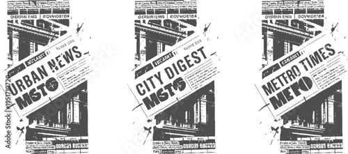 Three newspaper headlines urban news city digest metro times with architectural and ink splatters