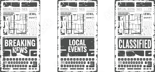 Three vertical newspaper sections showing breaking news local events and classified ads with keyboard