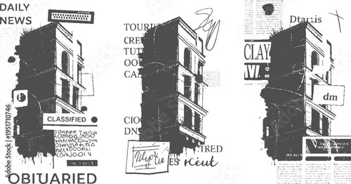 Collage of newspaper clippings featuring buildings text and abstract in grayscale architecture